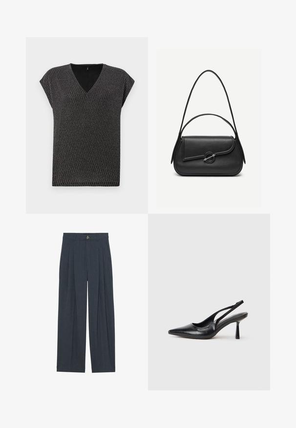 Haut noir à col en V avec manches courtes, présentant un motif en tricot texturé en forme de losange diagonal. Tissu doux avec un léger éclat.; Pantalons larges en tissu texturé gris foncé, avec des plis avant, une fermeture à bouton et des poches latérales pour plus de fonctionnalité.; Chaussure à talon haut en cuir noir, à bride arrière, avec un bout pointu et un talon fin sur fond blanc.; Sac à main en cuir noir avec bords arrondis, rabat asymétrique, fermoir circulaire en métal, et des bandoulières courtes et longues.