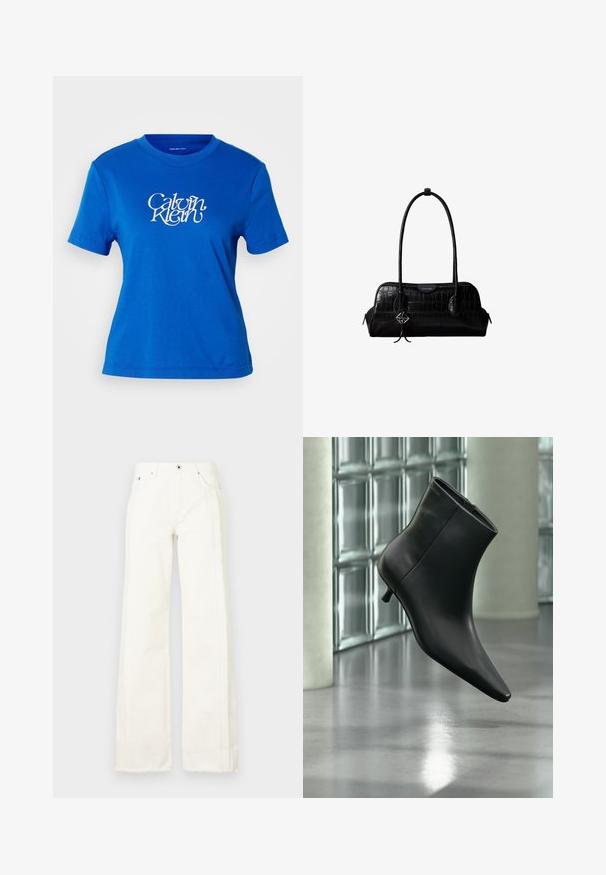 Camiseta de algodón azul con cuello redondo, mangas cortas y un logo blanco de "Calvin Klein" impreso en la parte delantera.; Vaqueros blancos de pernera ancha, fabricados en denim, con bordes deshilachados a lo largo de los lados, bolsillos delanteros y un cierre clásico de botón y cremallera.; Botín negro de cuero con punta puntiaguda y tacón bajo estilo kitten, mostrado en ángulo sobre un suelo pulido y con una pared de bloques de vidrio de fondo.; Bolso de hombro negro de cuero con textura de cocodrilo, con correas largas y un pequeño colgante de logo plateado en una correa.