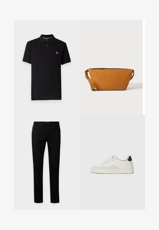 Zwarte poloshirt van katoen met een klassiek ontwerp, voorzien van een kraag met twee knopen en een klein kleurrijk olifantenlogo op de borst.; Zwarte slim-fit jeans met knoop- en ritssluiting, voor- en achterzakken, weergegeven op een effen lichte achtergrond.; Witte sneaker met suède accenten, ronde neus, platte veters en een crème rubberen zool. Bevat groene branding op de hiel.; Lichtbruine leren crossbodytas met verstelbare band en ritssluiting, getoond tegen een effen lichte achtergrond.