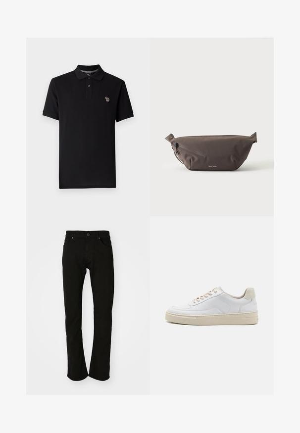 Schwarzes Poloshirt aus Baumwolle im klassischen Design, mit einem Kragen mit zwei Knöpfen und einem kleinen bunten Elefantenlogo auf der Brust.; Schwarze Jeans aus Denim mit geradem Beinanschnitt, ausgestattet mit einem klassischen Bund, Fronttaschen und einer glatten Textur. Keine sichtbaren Muster oder Akzente.; Weiße Sneaker mit einem glatten Lederobermaterial, beigen Schnürsenkeln und einer strukturierten, beigen Wildleder-Fersenschlaufe. Erhöhte Sohle für zusätzlichen Komfort.; Dunkelbraune Stoff-Gürteltasche mit diagonalem Reißverschlussfach und kleinem weißen Logo vorne, vor einem einfarbigen hellen Hintergrund.