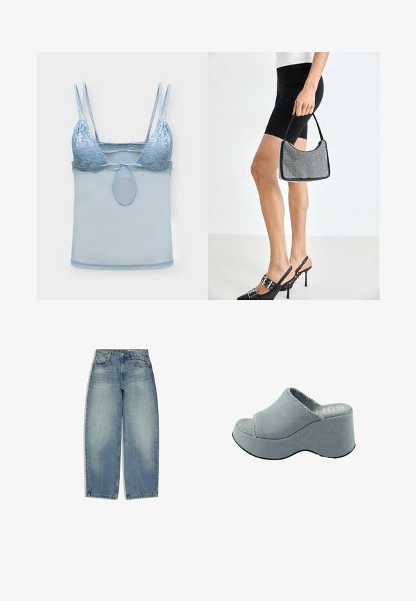 Hellblauer Spitzen-Bralette mit doppelten dünnen Schulterträgern und Mesh-Stoff unter der Brust, mit einem kleinen ovalen Ausschnitt in der Mitte.; Hellblaue Denim-Jeans mit hoher Taille, weitem Bein, Vordertaschen und einem Knopf- und Reißverschluss, flach auf einem weißen Hintergrund ausgelegt.; Helleblaue Plattform-Sandale mit ausgefranstem Obermaterial, offenem Zehendesign, dicker, gerundeter Sohle und strukturiertem grauem Laufsohlen.; Schwarze Perlen-Handtasche mit geschwungener Silhouette, Tragegriff und glänzender Textur. Kombiniert mit schwarzen High Heels und enganliegenden schwarzen Shorts.