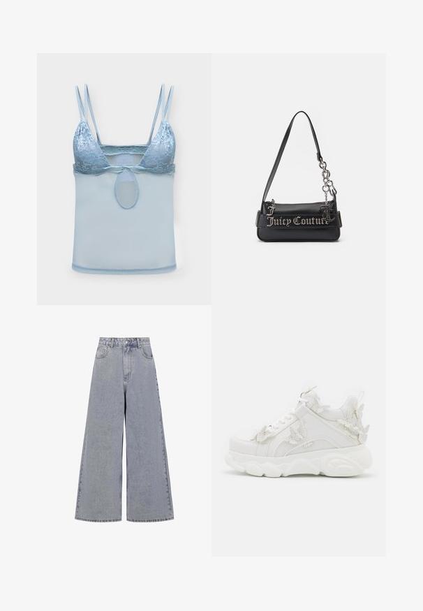 Lyseblå blonde bralette med dobbelte tynde skulderstropper og mesh-stof under brystet, med en lille oval udskæring i midten.; Lysblå bredbenede jeans lavet af denim, med høj talje, fire lommer og en klassisk knaplukning med subtil slid.; Hvid chunky sneaker med tyk sål og dekorative 3D sommerfugle detaljer på siden, snørebånd og hæl.; Sort håndtaske lavet af tekstureret syntetisk materiale. Har en kædestrop og sølv "Juicy Couture" logoet fremtrædende vist på forsiden.