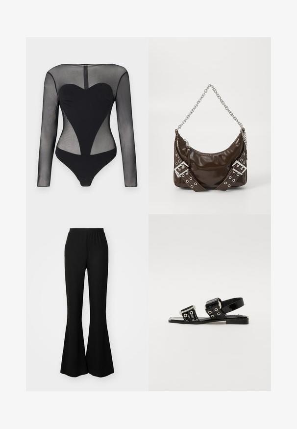 Body noir à manches longues avec manches en mesh transparent et haut de la poitrine en mesh, présentant un panneau solide en forme de cœur sur le torse.; Pantalon noir évasé avec une taille élastique, fabriqué à partir d'un tissu texturé. Le pantalon a un haut ajusté et des jambes inférieures larges et fluides.; Des sandales en cuir verni noir présentent deux larges brides avec des œillets et des boucles en argent, une semelle plate et un design de bride de cheville.; Sac à main en cuir verni marron foncé avec une bandoulière en chaîne argentée, des ceintures décoratives à double boucle et une fermeture éclair.