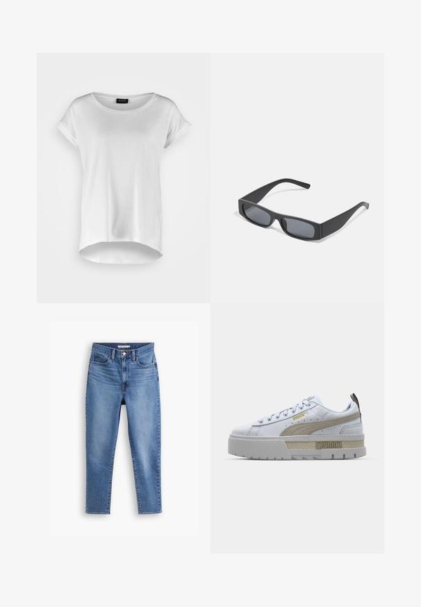 Camiseta blanca de manga corta con cuello redondo, dobladillo trasero ligeramente más largo, tejido de algodón suave y mangas enrolladas. Sin estampados visibles.; Jean de mujer de tiro alto en azul con cierre delantero de botones y cremallera, con trabillas para cinturón y diseño de cinco bolsillos, plano sobre fondo blanco.; Zapatilla blanca con una prominente franja beige, suela gris gruesa y detalles en dorado. Presenta cordones redondos y una lengüeta texturizada con el logo.; Gafas de sol negras rectangulares con lentes oscuros y montura gruesa mate. Las varillas son ligeramente cónicas con una textura suave.
