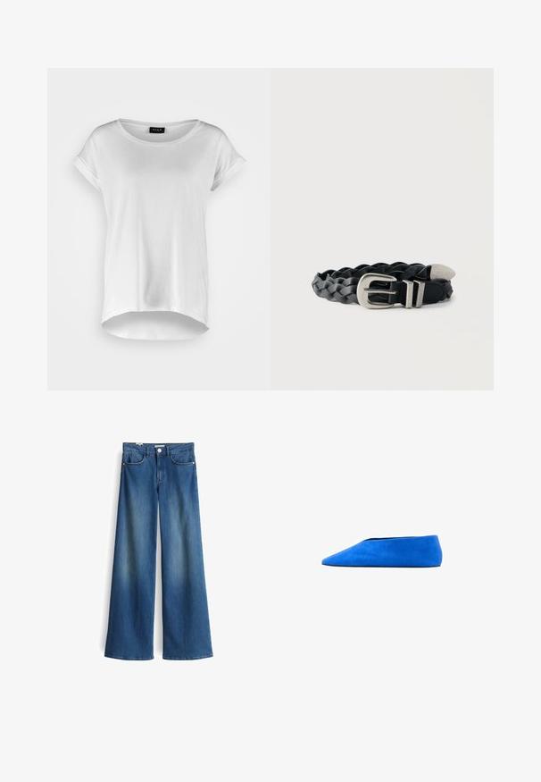 Witte T-shirt met korte mouwen en ronde halslijn, iets langere achterkant, zachte katoen stof en opgerolde mouwen. Geen zichtbare prints.; Wijde denimjeans in medium blauw met een gladde textuur. Bevat twee voorzakken en een klassieke knoopsluiting bij de taille.; Blauwe suède platte schoen met spitse neus en lage profielzool, zijaanzicht op witte achtergrond.; Zwart gevlochten leren riem met zilverkleurige metalen gesp en uiteinde, opgerold weergegeven tegen een witte achtergrond.
