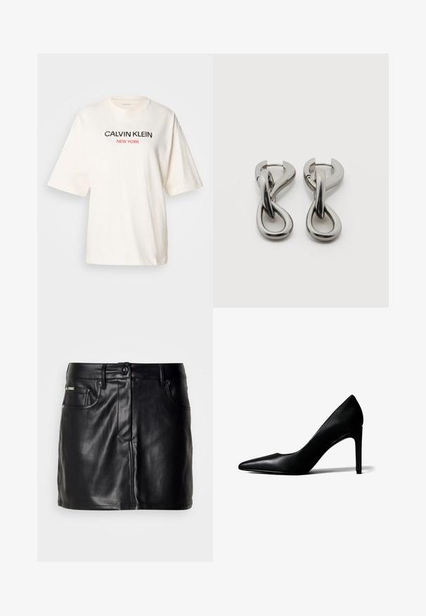 Weißes Baumwoll-T-Shirt mit lockerem Schnitt, kurzen Ärmeln und rot-schwarzem Drucktext: "CALVIN KLEIN NEW YORK" auf der Vorderseite.; Schwarzer Leder-Minirock mit tailliertem Design, ausgestattet mit frontalen Taschen, einem Knopfverschluss und glatter Textur.; Schwarzer spitzer High-Heel-Schuh aus Leder mit schlankem Stilettoabsatz auf weißem Hintergrund.; Paar silberfarbene Metallohrringe mit abstraktem ineinandergreifendem Schlaufen-Design auf weißem Hintergrund.