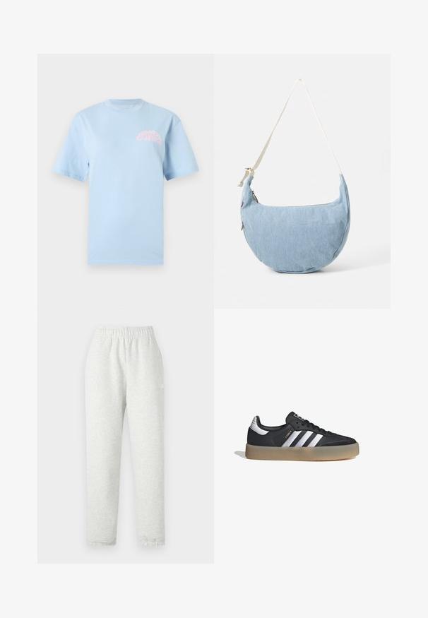 Camiseta de algodón azul claro con mangas cortas y cuello redondo. Presenta un logotipo de texto rosa en el área del lado izquierdo del pecho. Textura suave, corte relajado.; Pantalones de chándal gris claro con una cinturilla elástica, piernas cónicas y puños acanalados. Fabricados con un tejido suave y texturizado. Detalle del logo blanco en el lateral.; Zapatilla deportiva de cuero negro con tres rayas plateadas, punta texturizada y suela de goma. Cuenta con un collar acolchado y un diseño con cordones.; Bolso de hombro de mezclilla azul claro en forma de media luna con correa blanca ajustable y cierre de cremallera.