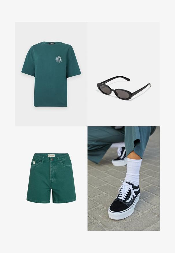 T-shirt manches courtes couleur sarcelle avec un petit motif blanc de soleil et de lune sur la poitrine gauche et un col rond.; Shorts en denim vert avec une taille haute, un design à cinq poches et une fermeture à boutons sur le devant. Présente des détails cousus et une étiquette logo sur la ceinture.; Baskets en suède noir avec des accents et des lacets blancs, présentant une épaisse semelle blanche et des coutures contrastantes, associées à une chaussette blanche.; Even&Odd by Zalando Lunettes de soleil - black