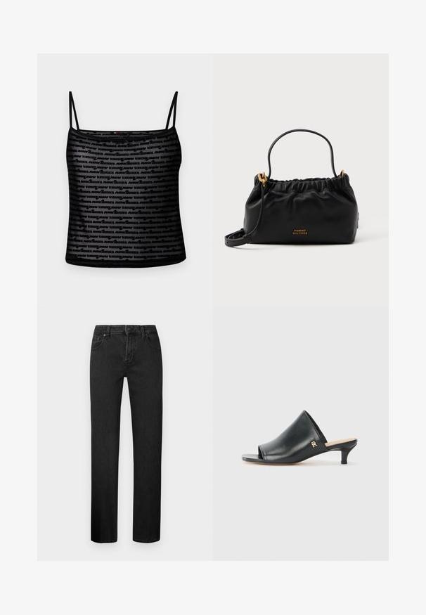 Sort mesh cami-top med spaghetti-stropper, gentagende "tommy" logo-mønster og en tætsiddende pasform. Letvægtsstof med let glans.; Sorte straight-leg jeans lavet af denim, med et klassisk fem-lomme design, knaplukning og bæltestropper. Glat tekstur.; Sorte læder open-toe mules med en lav hæl. Har en glat overflade og et guld logo-prim på siden.; Sort lædertaske med samlet top, en kort hank og en aftagelig skulderrem. Funktionen inkluderer guldlogo accenter og en glat tekstur.