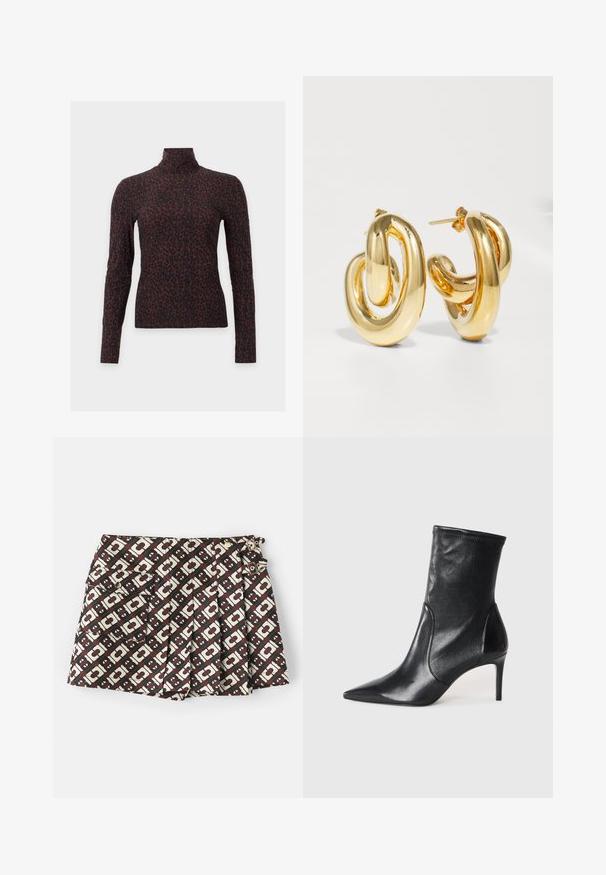 Langærmet top med høj hals med mørkebrunt og sort leopardprint på ensfarvet baggrund.; Mærkevarer shorts med et brunt og cremefarvet geometrisk mønster, to sidelommer og guldfarvede detaljer. Stof med en glat tekstur.; Sorte ankelstøvler lavet af glat læder, med spids tå, tætsiddende skaft og en slank høj hæl. Minimalistisk design uden synligt hardware.; Charlotte Chesnais BO INITIAL BLOW - Øreringe - gold-coloured