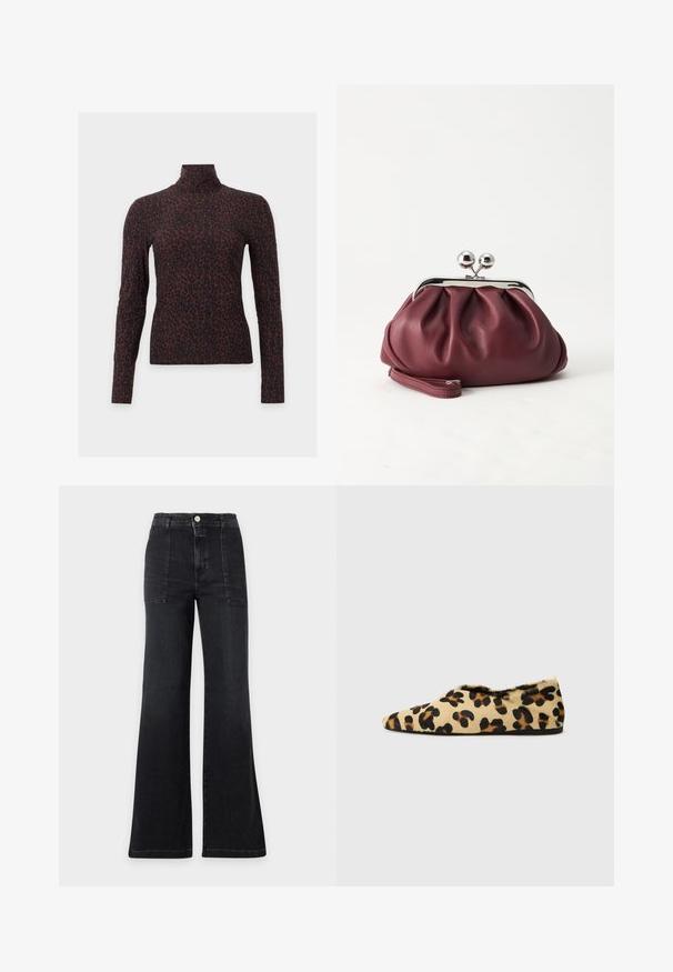 Haut à manches longues et col montant avec motif léopard marron foncé et noir sur fond uni.; Jean en denim noir taille haute, jambes larges et poches plaquées devant, fermeture par boutons et fermeture éclair, présenté sur un fond uni.; Chaussures plates en imprimé léopard en fausse fourrure douce, avec un design à bout pointu et un profil bas. Teintes naturelles avec des accents noirs.; Petit sac pochette en cuir bordeaux avec fermoir métallique argenté et bracelet sur fond blanc.