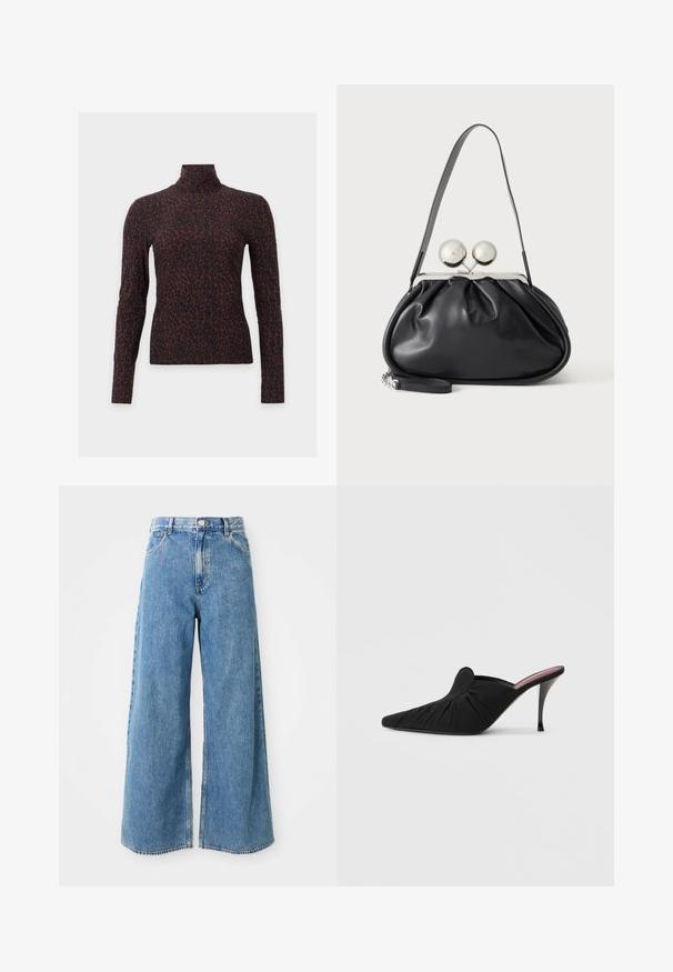 Haut à manches longues et col montant avec motif léopard marron foncé et noir sur fond uni.; Jean en denim léger bleu clair à taille haute, avec fermeture à boutons et à glissière à l'avant, et poches avant sur fond blanc.; Mule noir à talon haut avec bout pointu, tissu doux à texture froncée sur le devant et talon aiguille fin.; Sac à main en cuir noir avec un design plissé, une sangle unique, un cadre métallique argenté et deux grandes fermoirs ronds en argent.