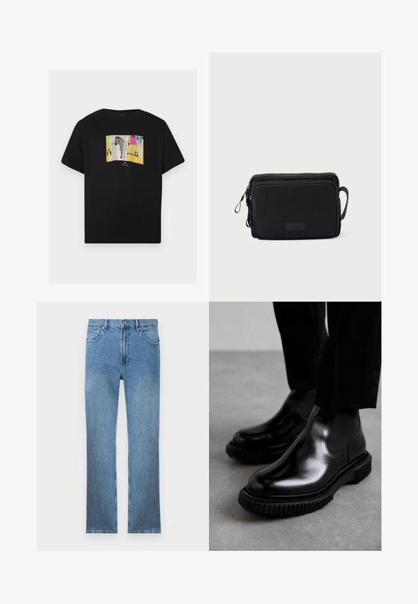 Schwarzes T-Shirt mit kurzen Ärmeln und einem bunten rechteckigen Grafikmotiv mit Zebra und abstrakten Mustern in der Mitte auf der Brust.; Hellblaue Jeans aus Denim mit geradem Schnitt, fünf Taschen, einem Reißverschluss und kontrastierender Naht. Der Stoff hat eine glatte, strukturierte Oberfläche.; Schwarze Leder-Chelsea-Boots mit glatter Oberfläche, elastischen Seiteneinsätzen und einer dicken, strukturierten Gummisohle mit einem robusten Profil.; Schwarz rechteckige Tasche aus glattem Stoff, mit einem Reißverschluss, einem seitlichen Griff und einem kleinen Logo-Patch auf der Vorderseite.