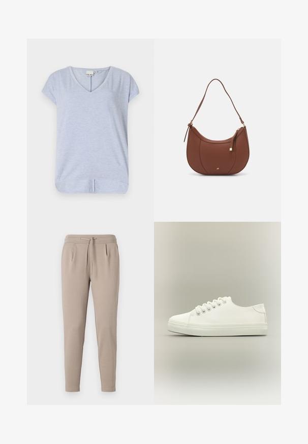 Top de color azul claro, de manga corta y cuello en V, hecho de una tela suave, con un dobladillo ligeramente curvado y una pequeña abertura lateral para facilitar el movimiento.; Pantalones jogger beige elaborados en tejido suave, con una cintura elástica y cordón, y bolsillos laterales. Diseño de pierna estrecha.; Zapatilla blanca baja con cordones blancos y suela de goma mostrada desde vista lateral sobre un fondo neutro.; Bolso de hombro de imitación cuero marrón con forma curva, costura mínima y un acento de hardware en tono dorado. Presenta un cierre de cremallera en la parte superior y una correa ajustable.
