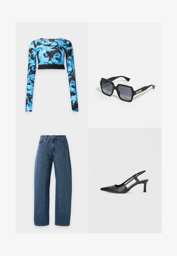Dlhý rukáv, krátky vrchný diel s čiernym základom a víriacim modro-bielym vzorom pripomínajúcim vodu, s logom Versace Jeans Couture na páse a na hrudi.; Modré denimové džínsy so širokými nohavicami, veľkými prednými vreckami, zapínaním na gombík a pútkami na opasok.; Čierna kožená obuv so záhadným opätkom, špicatou špičkou, lesklým detailom na špičke a stredne vysokým opätkom. Dizajn s otvoreným bočným stranom.; Čierne slnečné okuliare v tvare štvorca so šedými gradientnými sklami; majú jemné akcenty a žlté logo "MOSCHINO" na ramene.