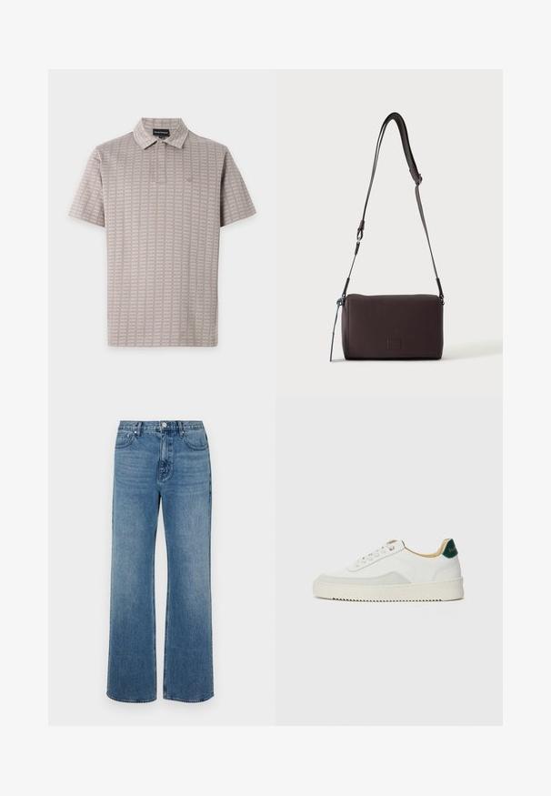 Lys brun polo med korte ærmer, tekstureret firkantet mønster og lille broderet logo på venstre bryst.; Bredde ben blå jeans lavet af denim med en falmet finish. Har fem lommer, en frontknaplukning og en lige pasform.; Hvide sneakers med ruskindsdetaljer, rund tå, flade snørebånd og en cremet gummisål. Har grøn branding på hælen.; Mørkebrun textured læder crossbody taske med justerbar rem og lille dekorativ blå accent på siden.