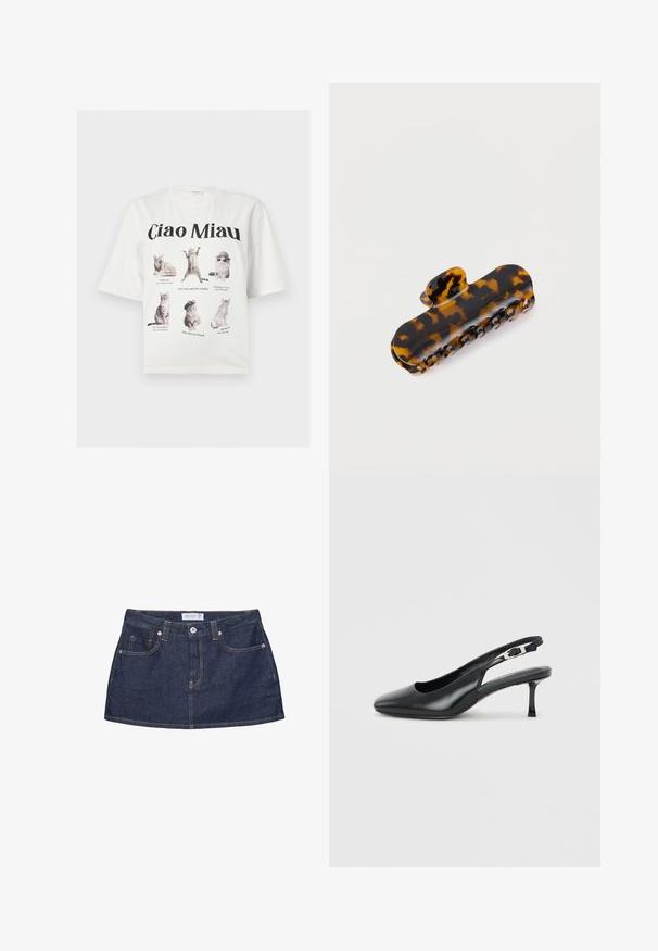 Hvid T-shirt med seks katte i forskellige positurer og billedtekster som "Væk mig", "Modeikon" og "Dette er min superhelte-landning."; Mørkeblå denim mininederdel med frontknapper, lommer, bæltestropper og synlige orange syninger på hvid baggrund.; Sort læder slingback-sko med spids snude, lav, slank kittenhæl og justerbar spænde på en ensfarvet lys baggrund.; Skildpaddeskjold hårklemme lavet af blank plastik, med en buet form og otte grebstænder for en sikker fastholdelse.