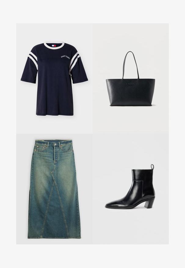 Camiseta de algodón azul marino con cuello redondo, mangas cortas, rayas blancas en las mangas y "TOMMY JEANS" bordado en el frente.; Falda de mezclilla de cintura alta, en azul medio. Presenta una costura delantera distintiva, aberturas laterales y diseño de cinco bolsillos estándar.; Botín de piel negra hasta el tobillo con punta afilada, tacón apilado geométrico y una lengüeta en la parte posterior. Textura suave y diseño elegante.; Bolso tote de cuero negro con asas largas y logo en relieve "Tommy Jeans" en el frente, sobre un fondo blanco liso.