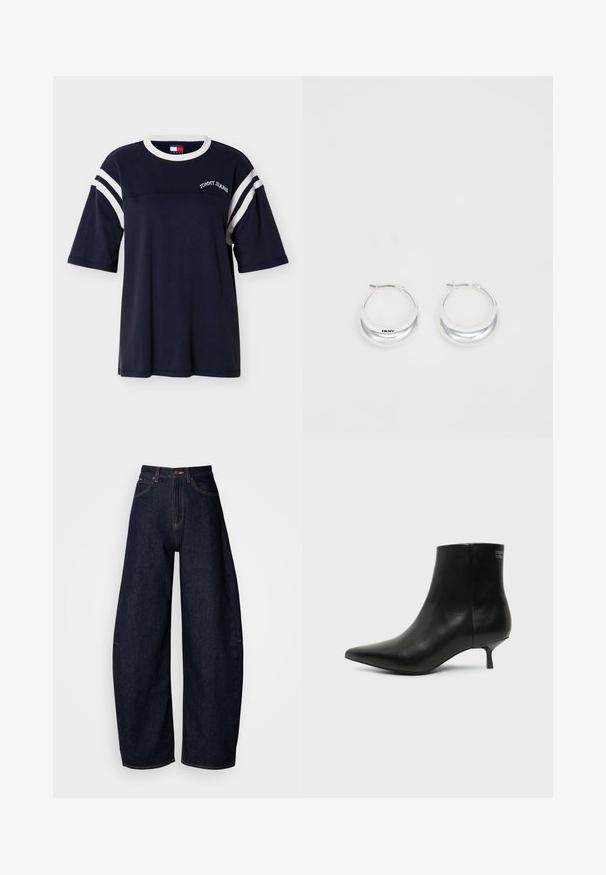 Marineblaues Baumwoll-T-Shirt mit Rundhalsausschnitt, kurzen Ärmeln, weißen Streifen auf den Ärmeln und "TOMMY JEANS" Stickerei auf der Vorderseite.; Dunkelblaue weitem Bein Jeans aus Denim, mit hoher Taille, geradem Schnitt, fünf Taschen und Kontrastnähten.; Schwarzer Leder-Knöchel-Stiefel mit spitzer Spitze und niedrigem Kittenabsatz vor hellem Hintergrund, seitliche Ansicht.; Silberne Creolen mit glänzender Oberfläche und DKNY-Logo, vor einem schlichten weißen Hintergrund präsentiert.