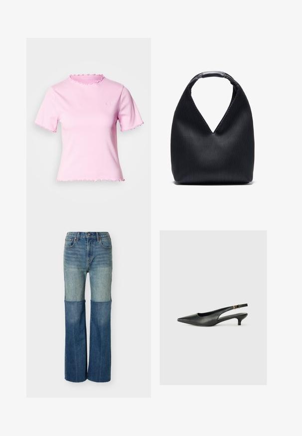 Pink kortærmet t-shirt med ribbet tekstur, bølget halsudskæring og kant, med et lille logo på forsiden.; Tofarvede cowboybukser med en lysere øverste halvdel og en mørkere nederste halvdel, klassisk design med fem lommer og lige ben.; Sorte spidse slingback-sko lavet af glat læder. Har en tynd hæl og en spænde detalje på den justerbare rem.; Sort hobo-taske med et tekstureret, plisseret design, der har en V-formet åbning og et rundt håndtag. Fremstillet af glat, holdbart materiale.