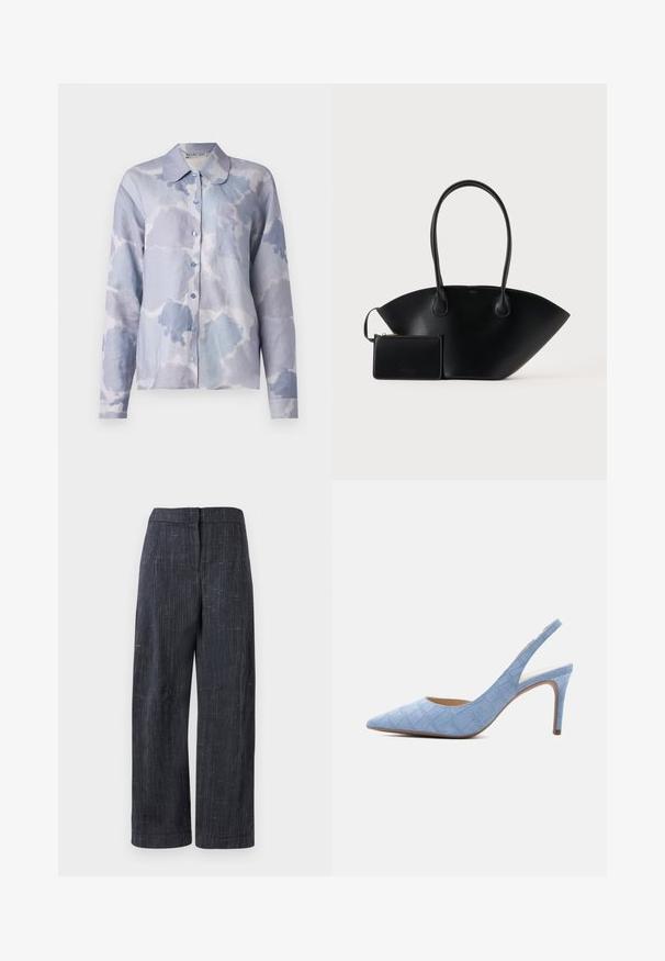 Chemise bleu clair à manches longues en tissu doux, ornée d'un motif semblable à des nuages, avec un col plié et une poche poitrine unique.; Pantalons larges gris foncé avec un tissage texturé subtil, taille haute et fermeture frontale dissimulée.; Escarpin à talon haut slingback en daim bleu clair avec bout pointu et motif texturé de crocodile sur fond blanc.; Sac à main en cuir noir avec de longues anses et une petite pochette assortie zippée sur un fond uni.