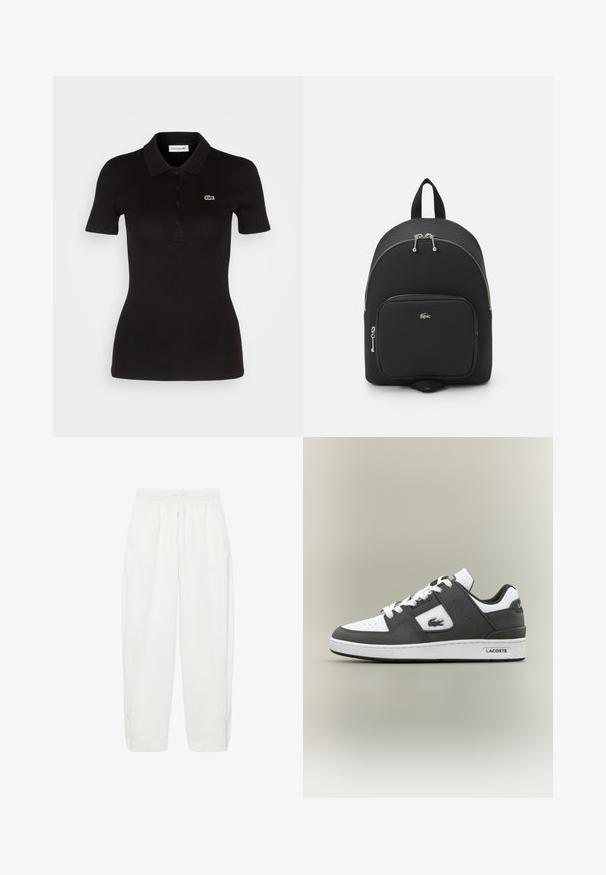 Zwarte polo met korte mouwen gemaakt van ribgebreide stof. Bevat een kraag, een drieknoopssluiting en een groen geborduurd krokodillenlogo.; Witte broek met elastische taille, trekkoord, zijzakken en rechte pijpen, weergegeven op een witte achtergrond.; Zwart-witte Lacoste sneaker met witte veters, geperforeerde neus, krokodillogo aan de zijkant en merksol op een neutrale achtergrond.; Zwarte nylon rugzak met een ronde vorm, zilveren ritsen, een voorkant met een ritsvak en een klein logo. Voorzien van een handvat aan de bovenkant en gewatteerde schouderbanden.
