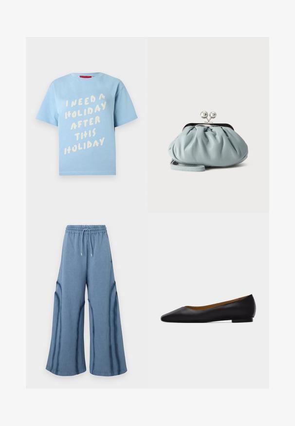 T-shirt en coton bleu clair à manches courtes et col rond. Affiche un texte blanc en gras : "J'AI BESOIN DE VACANCES APRÈS CES VACANCES."; Pantalons larges bleus avec taille élastique et cordon de serrage, présentant des détails de couture le long des jambes.; Chaussure plate en cuir noir à bout pointu avec talon bas et finition lisse, vue de côté sur un fond gris clair.; Petit porte-monnaie en cuir bleu clair avec fermoir métallique argenté de type kiss-lock et court bracelet de poignet sur fond uni.