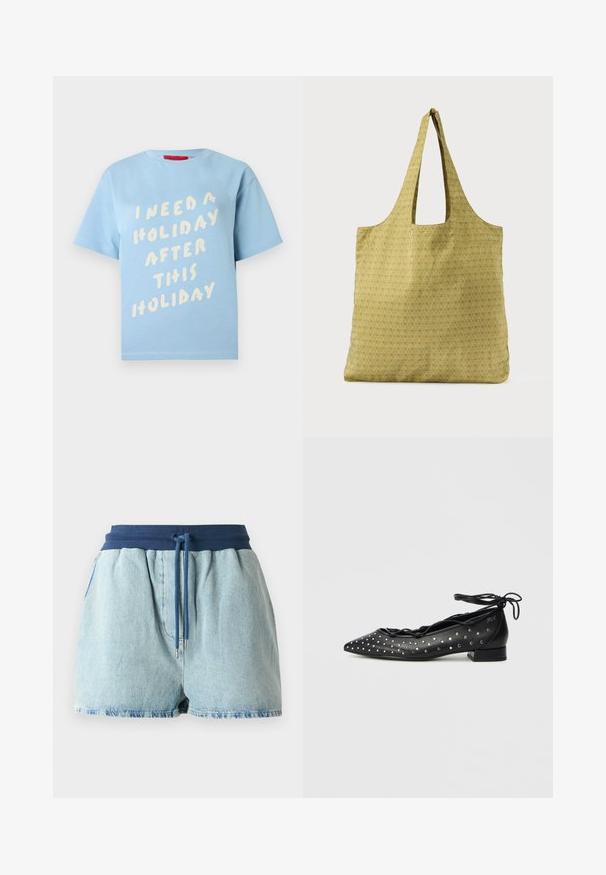 Lyseblå bomuld t-shirt med korte ærmer og rund hals. Har fed hvid tekst, der siger "JEG TRÆNGER TIL FERIE EFTER DENNE FERIE."; Lyst blå denim shorts med en elastisk marineblå talje. Har en snøre med sølvmetal spidser og et afslappet pasform design.; Sorte balletflade sko i læder med spids tå, snøredesign og sølvnitte-accenter langs siderne. Lav blokhæl.; Indkøbstaske i lysegrønt stof med et gentaget prægget mønster. Har brede skulderstropper og en rummelig, ustruktureret form.
