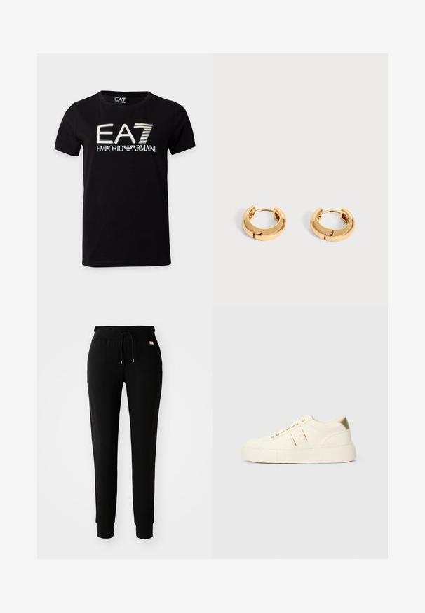 Zwart T-shirt met korte mouwen en ronde hals met groot wit en goud EA7 Emporio Armani-logo aan de voorkant.; Zwarte tapered sweatpants met een tailleband met trekkoord en manchetten bij de enkels, weergegeven op een eenvoudige witte achtergrond.; Crème kleurige low-top sneaker met gouden accenten, veters en geperst "Armani Exchange" logo op de zool en zijpatch.; Een paar kleine, dikke gouden oorringen met een gladde, glanzende afwerking op een eenvoudige lichte achtergrond.