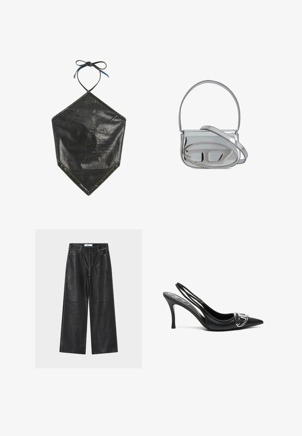 Top halter negro y brillante con forma triangular, atado al cuello con tiras delgadas, con costuras visibles a lo largo de los bordes.; Pantalones anchos de cuero negro con costuras blancas contrastantes, con cintura ajustable con cordón y cuatro bolsillos para mayor funcionalidad.; Zapatos de tacón alto de charol negros con tira trasera y punta afilada, que presentan un detalle de hebilla plateada brillante y un tacón delgado. Textura de cuero suave, diseño minimalista.; Bolso bandolera metálico plateado con una forma rectangular elegante, que presenta un logotipo grabado prominente y una correa delgada para el hombro.