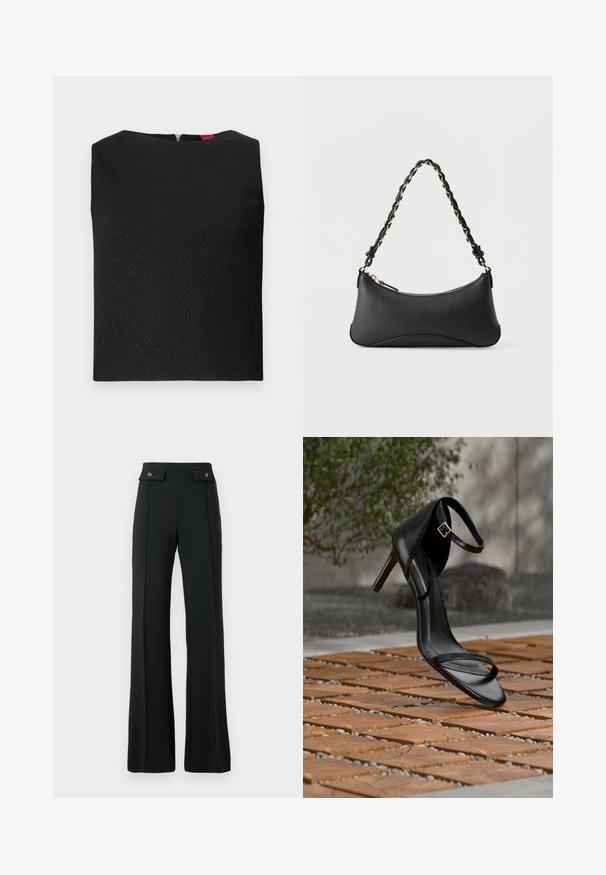 Sort ærmeløs top med et struktureret mønster, firkantet halsudskæring og en lynlås i ryggen. Har logo-detaljer subtilt vævet ind i stoffet.; Højtaljede sorte flared bukser med detaljerede sømme foran og to klaplommer med guldknapper ved taljen.; Sort højhælet sandal med ankelsnor, der ser ud til at svæve over et trægulv udendørs med sløret grønt og sten i baggrunden.; Sort skuldertaske i læder med en buet rektangulær form, gyldent kæde vævet ind i en flettet sort rem og toplynlås.