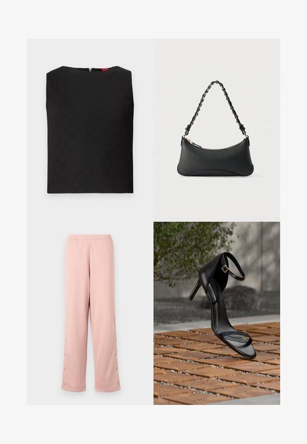 Haut sans manches noir avec un motif texturé, encolure carrée et fermeture éclair au dos. Présente des accents de logo subtilement intégrés dans le tissu.; Un pantalon large rose clair en tissu doux, avec un motif en relief subtil et des boutons décoratifs le long de la couture latérale.; Sandale noire à talon haut avec sangle à la cheville, suspendue au-dessus d'un sol en carreaux de bois à l'extérieur, avec un arrière-plan flou de verdure et de pierre.; Sac à bandoulière en cuir noir de forme rectangulaire incurvée, avec une chaîne dorée tissée dans la bandoulière noire tressée et une fermeture éclair sur le dessus.