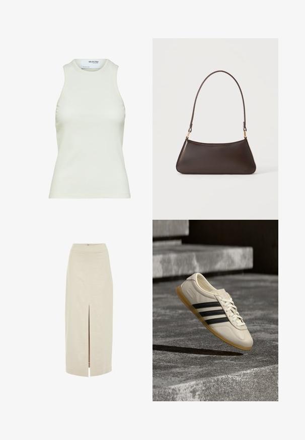 Ärmelloses weißes geripptes Tanktop mit rundem Ausschnitt von Selected Femme, zeigt Vorderansicht ohne Muster oder Dekorationen.; Helle beige Midi-Rock mit geradem Schnitt und einem mittigen vorderen Schlitz. Aus einem glatten Stoff mit einem verdeckten Reißverschluss auf der Rückseite gefertigt.; Weißer Sneaker mit schwarzen Streifen und Gummisohle schwebt über Betontreppen im sanften Tageslicht.; Dunkelbraune Lederhandtasche mit geschwungenem oberen Reißverschluss und schmalem Schulterriemen mit goldfarbenen Verschlüssen auf einfarbigem Hintergrund.