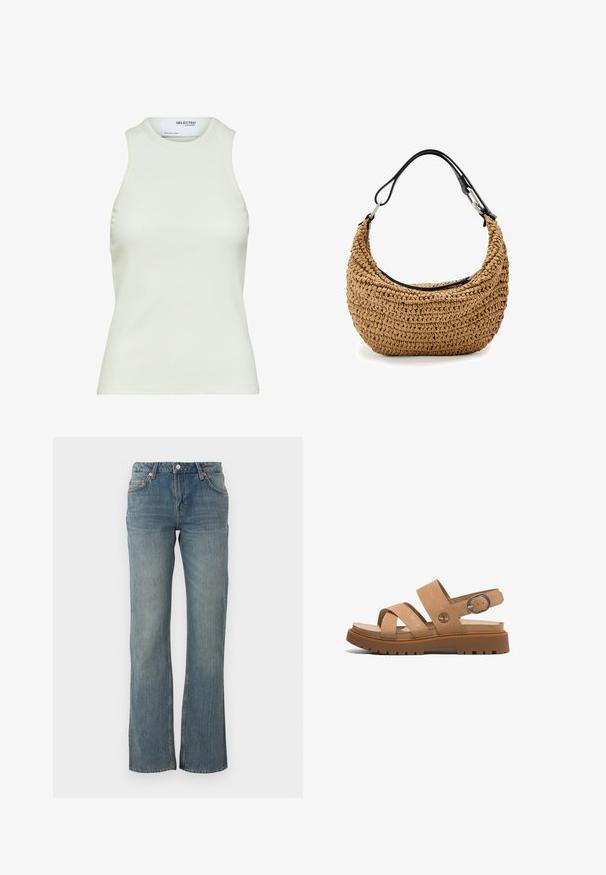 Camiseta sin mangas blanca acanalada con escote redondo de Selected Femme, mostrando vista frontal sin patrones ni decoraciones.; Los pantalones vaqueros de denim azul claro presentan un corte recto, un diseño de cinco bolsillos y detalles de metal en color cobre. La tela tiene un acabado ligeramente texturizado.; Sandalias de cuero marrón con dos correas anchas, una correa trasera con un hebilla de metal y una suela de goma gruesa con un patrón texturizado.; Bolso de mano de paja trenzada en beige con una silueta curva, que presenta una correa de cuero negro y detalles metálicos plateados. Acabado texturizado.
