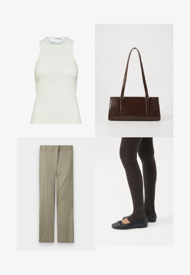 Ærmeløs hvid ribbet tanktop med rund halsudskæring fra Selected Femme, viser frontvisning uden mønstre eller dekorationer.; Lys olivengrønne bukser, skræddersyet pasform, med flad front, to sidelommer og et glat, struktureret stof. Ingen synlige mønstre eller accenter.; Ben iført mørke ribbede leggings kombineret med sorte balletsko med små sløjfedetaljer på hvid baggrund.; Brun lakeret håndtaske med rektangulær form, to lange håndtag og subtile buede detaljer på fronten.