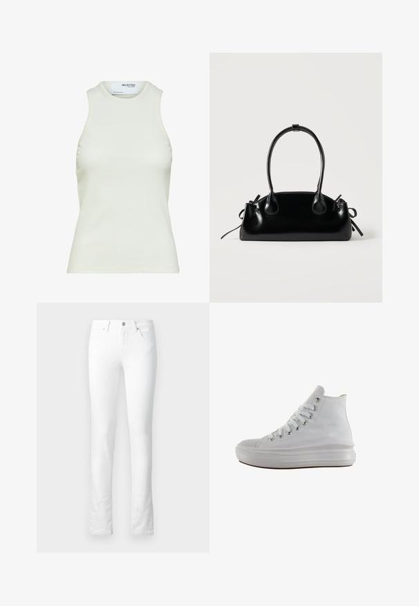 Ärmelloses weißes geripptes Tanktop mit rundem Ausschnitt von Selected Femme, zeigt Vorderansicht ohne Muster oder Dekorationen.; Weiße Denim-Jeans mit slim-fit, fünf Taschen, Reißverschluss und dezenten Nahtdetails. Glatte Textur; keine sichtbaren Muster.; Weißer High-Top-Canvas-Sneaker mit weißen Schnürsenkeln, metallischen Ösen, dicker Gummisohle und strukturierter Zehenkappe, nach links auf weißem Hintergrund ausgerichtet.; Kleine schwarze glänzende Handtasche mit zwei langen Griffen und seitlichen Kordelzug-Details vor einfachem hellem Hintergrund.