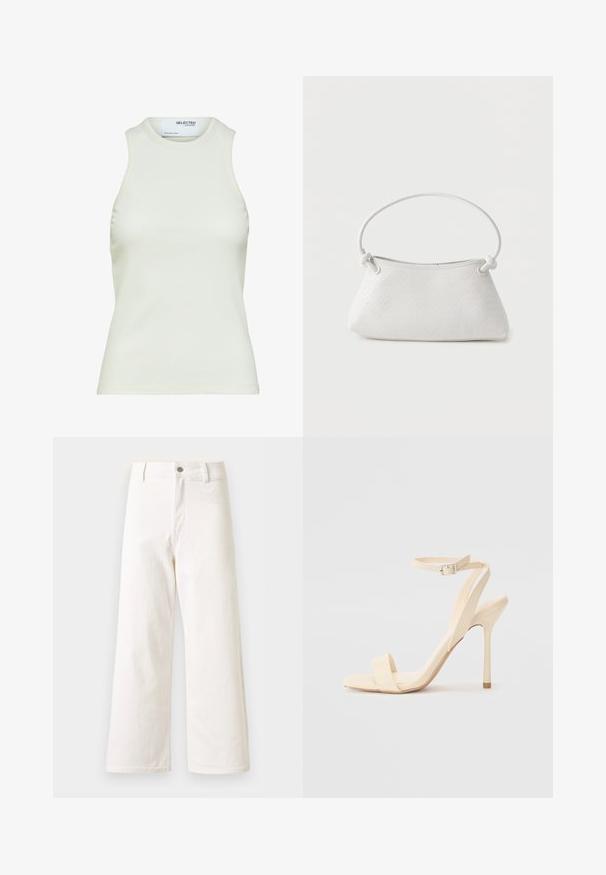Débardeur blanc sans manches côtelé avec encolure ronde de Selected Femme, vue de face sans motifs ni décorations.; Pantalon en denim blanc à taille haute et jambes larges, fermeture devant par bouton et zip, passants pour ceinture, sans poches visibles.; Sandale à talon haut beige avec une sangle fine autour de la cheville et un bout carré. Matériau synthétique lisse, design minimaliste et talon aiguille.; Sac à main en cuir tressé blanc avec poignée arrondie et extrémités de lanière nouées, présenté sur un fond uni.