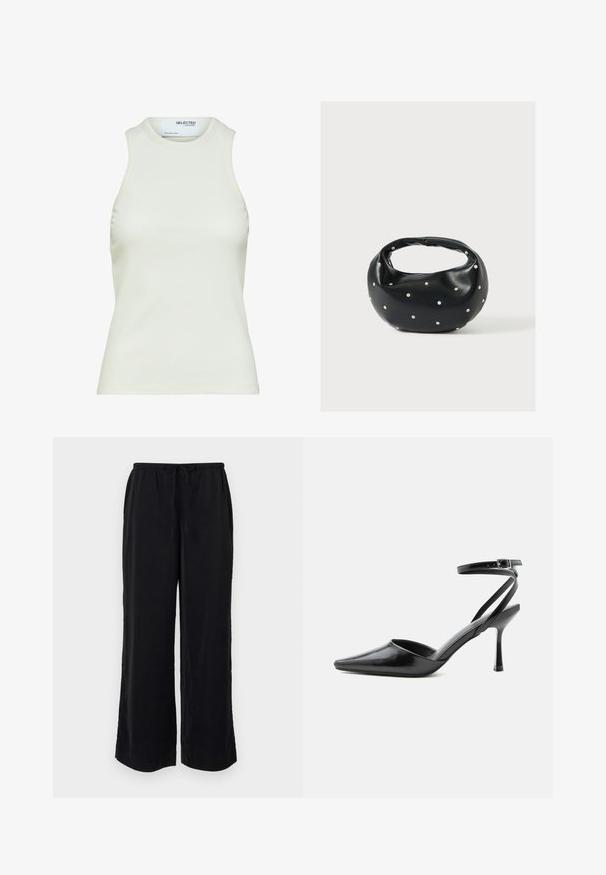 Camiseta sin mangas blanca acanalada con escote redondo de Selected Femme, mostrando vista frontal sin patrones ni decoraciones.; Pantalones anchos negros con cintura elástica y bolsillos laterales. Fabricados en un tejido ligero con una textura suave. Sin patrones visibles.; Zapato de tacón alto negro de punta fina con delgadas correas en el tobillo y cierre de hebilla plateada sobre un fondo liso claro.; Bolso de mano de cuero negro con forma redondeada, decorado con detalles de tachuelas plateadas y un asa corta. Textura lisa y cierre con cremallera.
