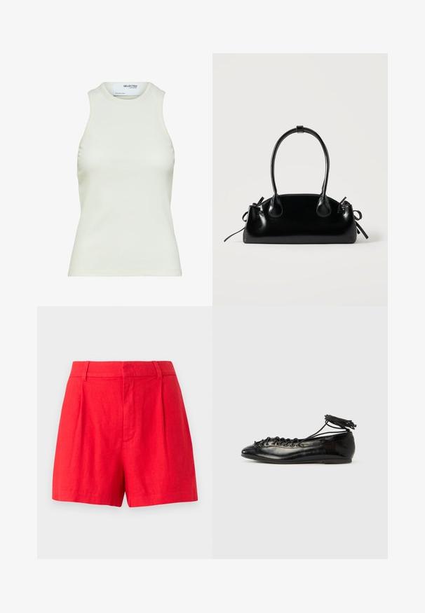 Débardeur blanc sans manches côtelé avec encolure ronde de Selected Femme, vue de face sans motifs ni décorations.; Shorts en lin rouge avec une coupe soignée, featuring des plis, une texture lisse et une taille mi-haute.; Ballerines en cuir verni noir avec un bout rond, un design à lacets et une semelle plate. Texture lisse avec peu de détails.; Petit sac à main noir brillant avec deux longues anses et des détails à cordon sur les côtés sur un fond clair uni.