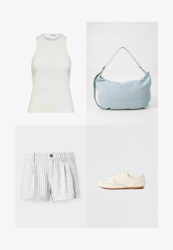Ärmelloses weißes geripptes Tanktop mit rundem Ausschnitt von Selected Femme, zeigt Vorderansicht ohne Muster oder Dekorationen.; Gestreifte Shorts in Hellgrau und Weiß, mit Knopfverschluss, Falten an der Vorderseite und einem weichen, strukturierten Stoff.; Sneakers in Cremefarben mit Obermaterial aus Wildleder und Stoff, abgerundete Zehenpartie und Gummisohle mit beigefarbenem Akzent. Schnürsenkelverschluss.; Hellblaue Denim-Schultertasche mit runder Form, verstellbarem Gürtel und subtilen Nähten am unteren Rand. Weiche Textur.