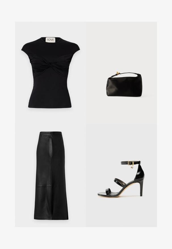 Top negro de manga corta con detalle de frente torcido y silueta ajustada. Fabricado con una tela elástica y suave. Marca: TOVE.; Falda de cuero negra con una silueta recta, que presenta una abertura trasera, textura suave y costuras visibles.; Sandalia de charol negro con tres correas, hebilla en el tobillo y tacón de aguja de 10 cm. Presenta detalles de hardware en oro y un charm con el logo.; Bolsa de terciopelo negro con forma redondeada, un asa superior y un cierre de acento dorado. Textura suave con un diseño minimalista.