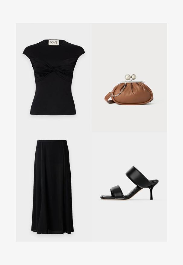 Top negro de manga corta con detalle de frente torcido y silueta ajustada. Fabricado con una tela elástica y suave. Marca: TOVE.; Falda maxi negra hecha de un material ligero, con un diseño fluido, de color negro sólido y detalles sutiles en las costuras laterales.; Sandalia mule de cuero negro con dos tiras anchas y un tacón de aguja delgado de altura media sobre un fondo claro y sencillo.; Bolso de mano de cuero marrón con cierre de bola plateada y un pequeño detalle de cadena plateada sobre un fondo blanco.