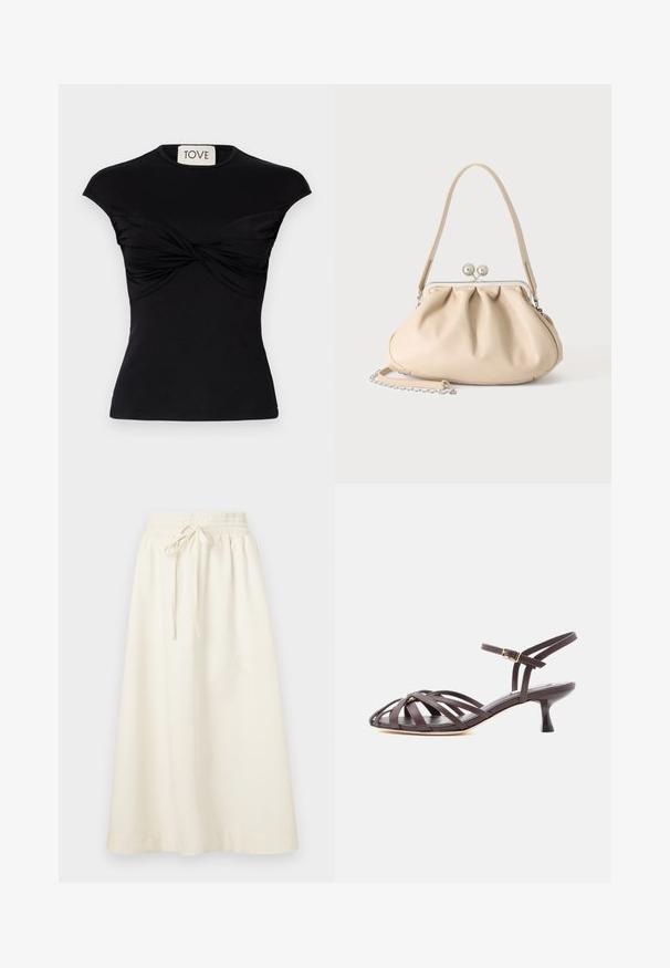 Haut noir à manches courtes avec un détail de devant torsadé et une silhouette ajustée. Fabriqué en tissu extensible et lisse. Étiquette : TOVE.; Soulland MEIR SKIRT - Jupe longue - white; Sandale à talon kitten en cuir marron foncé avec lanières et bride de cheville réglable à boucle sur fond blanc.; Sac à main en cuir souple beige avec un fermoir en métal argenté, une bandoulière simple et une bandoulière chaîne optionnelle sur fond blanc.