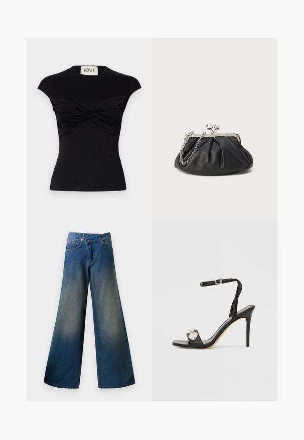 Top negro de manga corta con detalle de frente torcido y silueta ajustada. Fabricado con una tela elástica y suave. Marca: TOVE.; Jeans de pernera ancha en denim, con un acabado ligeramente desvaído, costuras visibles, dos bolsillos frontales y cierre de botón.; Sandalia negra de tacón alto con correa en el tobillo, con parte superior de cuero lisa, punta cuadrada y dos detalles metálicos redondos.; Clutch de cuero negro con textura arrugada, marco de metal en tono plateado, cierre de beso y cadena para colgar. Superficie suave y lisa.