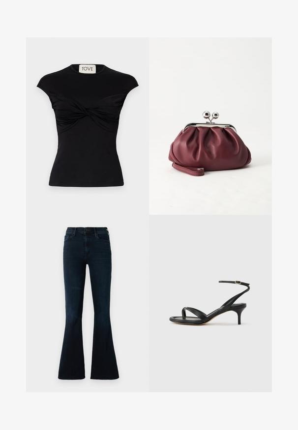 Schwarzes, kurzärmliges Oberteil mit gedrehtem Vorderteil und taillierter Silhouette. Hergestellt aus einem glatten Stretchstoff. Marke: TOVE.; Dunkelblaue Schlagjeans aus Denim mit hoher Taille, normalen Taschen und leichter Ausbleichung des Stoffes.; Schwarze Ledersandale für Damen mit dünnen Riemchen, einer Zehenlasche, einer Knöchelschnalle und einem mittelhohen Stöckelabsatz vor neutralem Hintergrund.; Kleine burgunderrote Lederclutch mit silbernem Metallverschluss und Handgelenksriemen auf weißem Hintergrund.