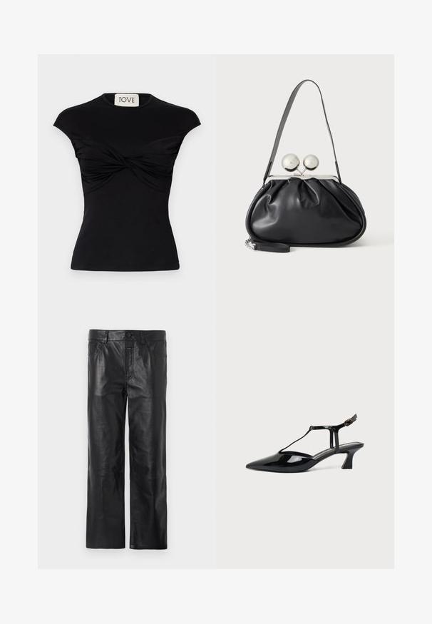 Top negro de manga corta con detalle de frente torcido y silueta ajustada. Fabricado con una tela elástica y suave. Marca: TOVE.; Pantalones de cuero negro con un diseño de pierna recta, que cuentan con una cinturilla con cierre de botón y bolsillos, textura suave y detalles de costura visibles.; Zapato slingback de cuero charol negro con punta fina, tira en T y tacón bajo en bloque inclinado sobre fondo blanco.; Bolso de mano de cuero negro con diseño fruncido, una sola correa, marco metálico plateado y dos cierres grandes redondos de plata.