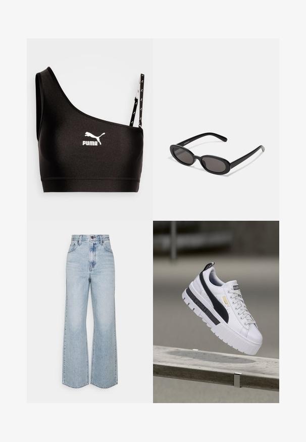 Zwart sportbh met één schouderband, voorzien van een wit Puma-logo. Soepele, rekbare stof met een strakke uitstraling en contrasterende banddetails.; Lichtblauwe denim broek met wijde pijpen, hoge taille, klassiek vijfzakkenontwerp en contrasterende stiksels. Rauwe zoom aan de onderkant.; Witte Puma platform sneaker met zwarte streep en gouden logo, zwevend boven een betonnen bankje in een buitenomgeving.; Even&Odd Zonnebril - black