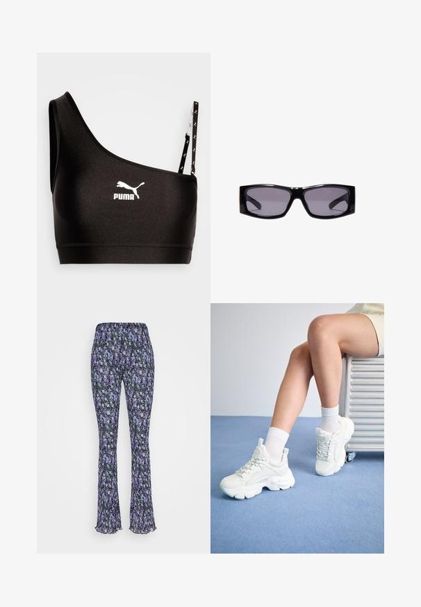 Soutien-gorge de sport noir avec une bretelle, arborant un logo Puma blanc. Tissu lisse et extensible avec un design élégant et des détails de bretelle contrastés.; EDITED YOLANDA TROUSERS - Pantalon classique - lilac; Baskets blanches à lacets avec une semelle épaisse, en matériau synthétique lisse, accents texturés et une languette au niveau du talon.; Lunettes de soleil rectangulaires noires avec verres teintés foncés et monture en plastique brillant, présentées centrées sur un fond blanc.