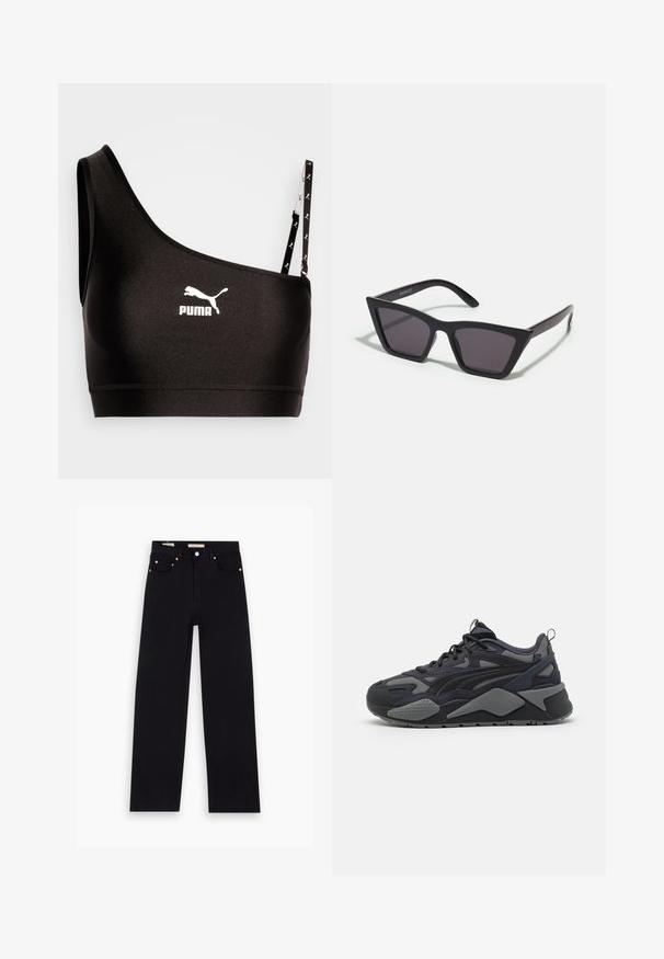 Schwarzer Sport-BH mit einem Schulterträger, versehen mit einem weißen Puma-Logo. Glattes, dehnbares Material mit einem eleganten Design und kontrastierenden Trägerdetails.; Schwarze Denim-Jeans mit geradem Schnitt, fünf Taschen, Kupferbeschlägen und einer glatten Textur. Zwei Etiketten sind am Bund sichtbar.; Schwarze sportliche Sneaker mit Obermaterial aus Mesh und Textil in Grauakzenten, einer robusten Sohle und markanten Designlinien.; Schwarze, eckige Sonnenbrille mit grauen Gläsern; aus Kunststoff gefertigt, mit dicken Bügeln, die eine glatte Oberfläche und keine sichtbaren Beschläge haben.
