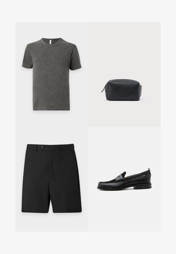 T-shirt gris à col rond en tissu doux, présentant des manches courtes et un ourlet droit. Texture lisse sans motifs ni accents visibles.; Shorts noirs en tissu léger, dotés d'une fermeture à bouton, de deux poches latérales et d'une coupe droite. Texture lisse et design simple.; Mocassin en cuir noir avec détail de bride grise, talon bas et semelle texturée, marqué "HUGO" en or sur le côté.; Trousse de toilette rectangulaire en cuir noir avec fermeture éclair et nom de marque embossé sur le devant, sur fond blanc uni.